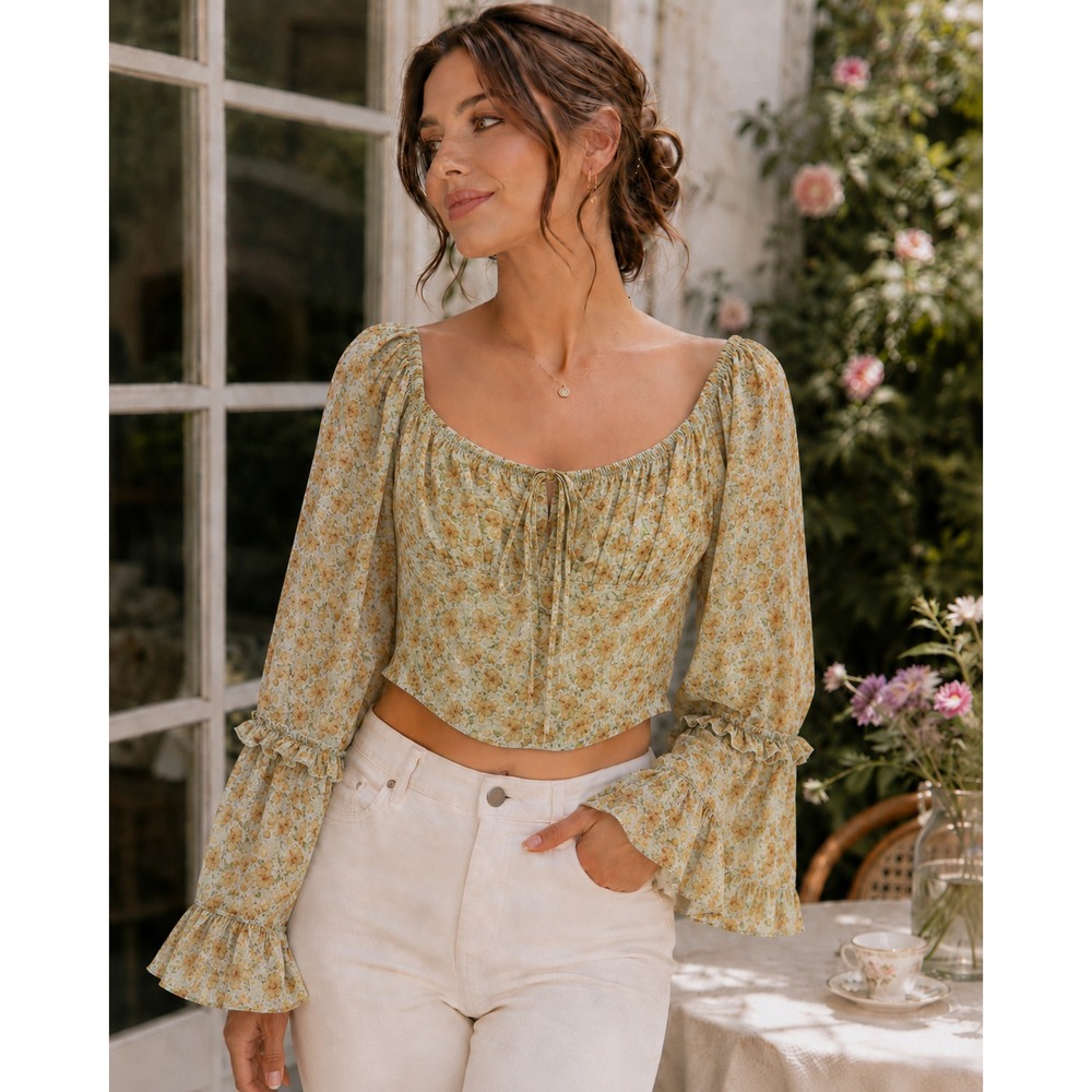 Altar'd State Floral Smocked Bell Sleeve Ruffle Crop Top M Fairy Romantic Whimsy - Picture 1 of 10